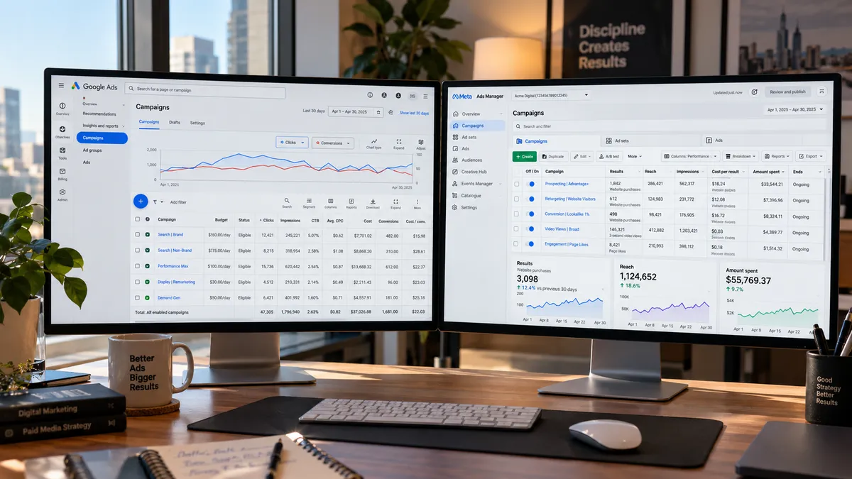 Mesa do gestor de tráfego com Google Ads e Meta Ads abertos em dois monitores