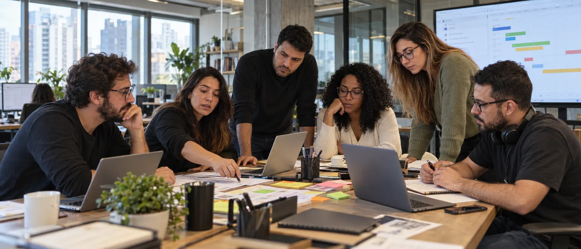 Time da W3M reunido em volta da mesa, planejando o sprint com notebooks e post-its