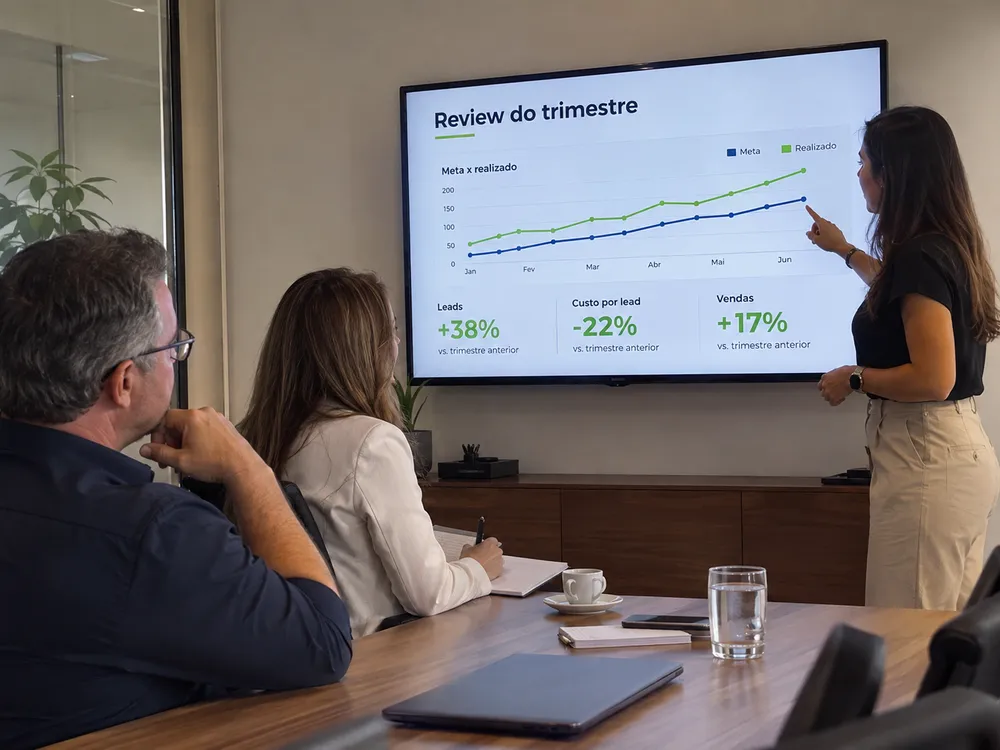 Gerente de conta apresentando a review do trimestre com meta x realizado para a diretoria do cliente