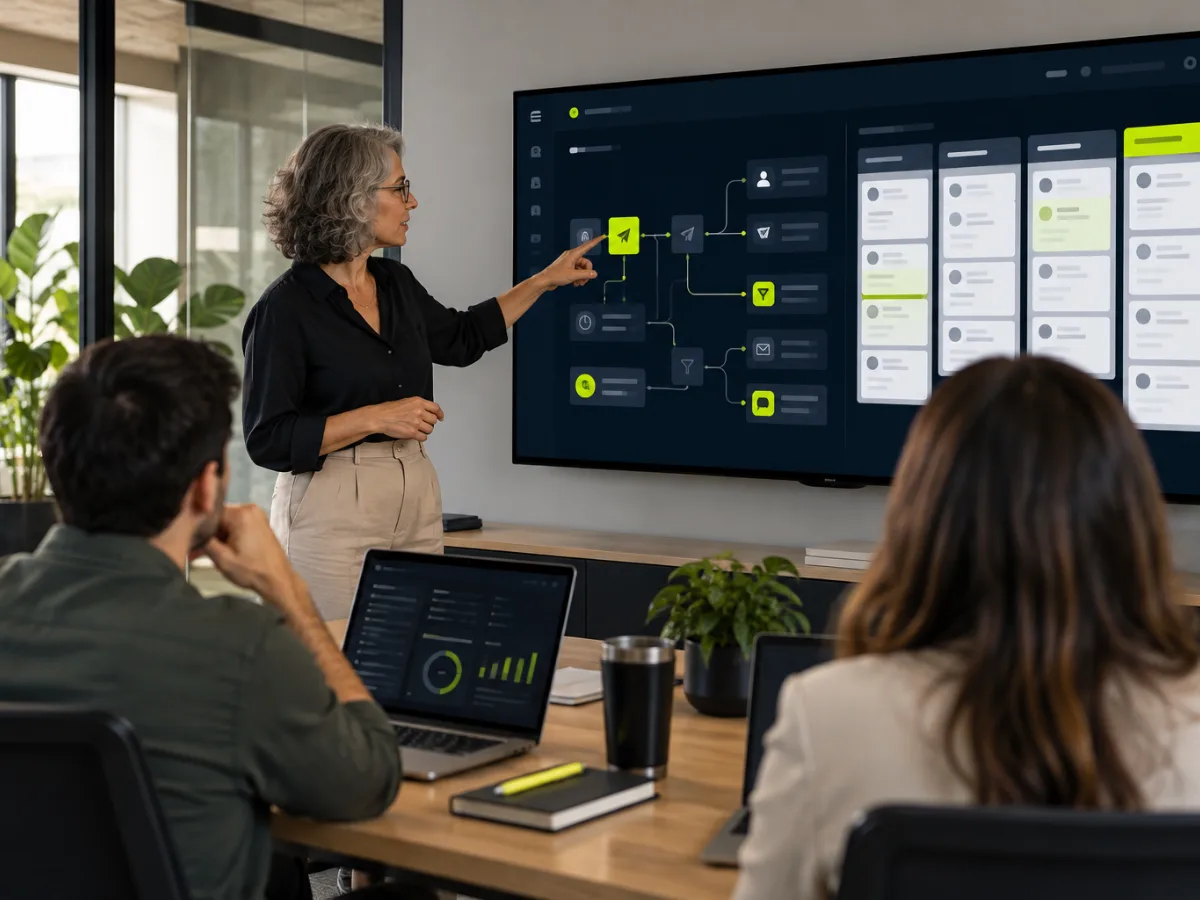 Mulher apresentando numa TV o fluxo de automação e o funil de leads do CRM para a equipe