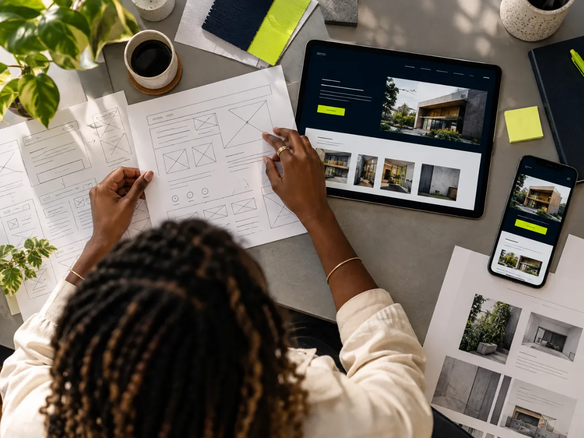 Vista de cima da mesa de uma designer com wireframes, tablet com o site pronto e celular com a versão mobile
