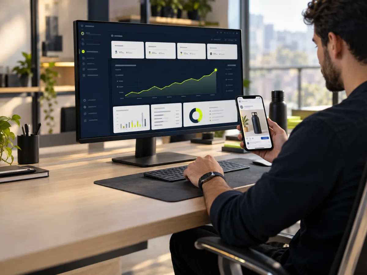Gestor de tráfego analisando no monitor o painel de campanhas com gráfico em alta e um anúncio no celular