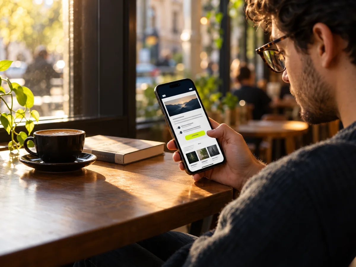 Homem num café lendo no celular um e-mail de nutrição com botão verde-limão