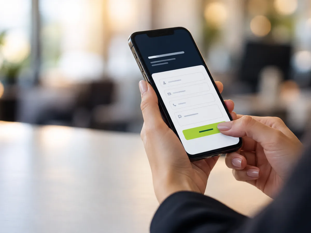 Polegar tocando o botão verde-limão de envio de um formulário de landing page no celular