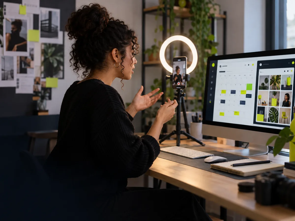 Criadora de conteúdo gravando vídeo com celular no tripé e luz de anel, com o calendário de posts no monitor
