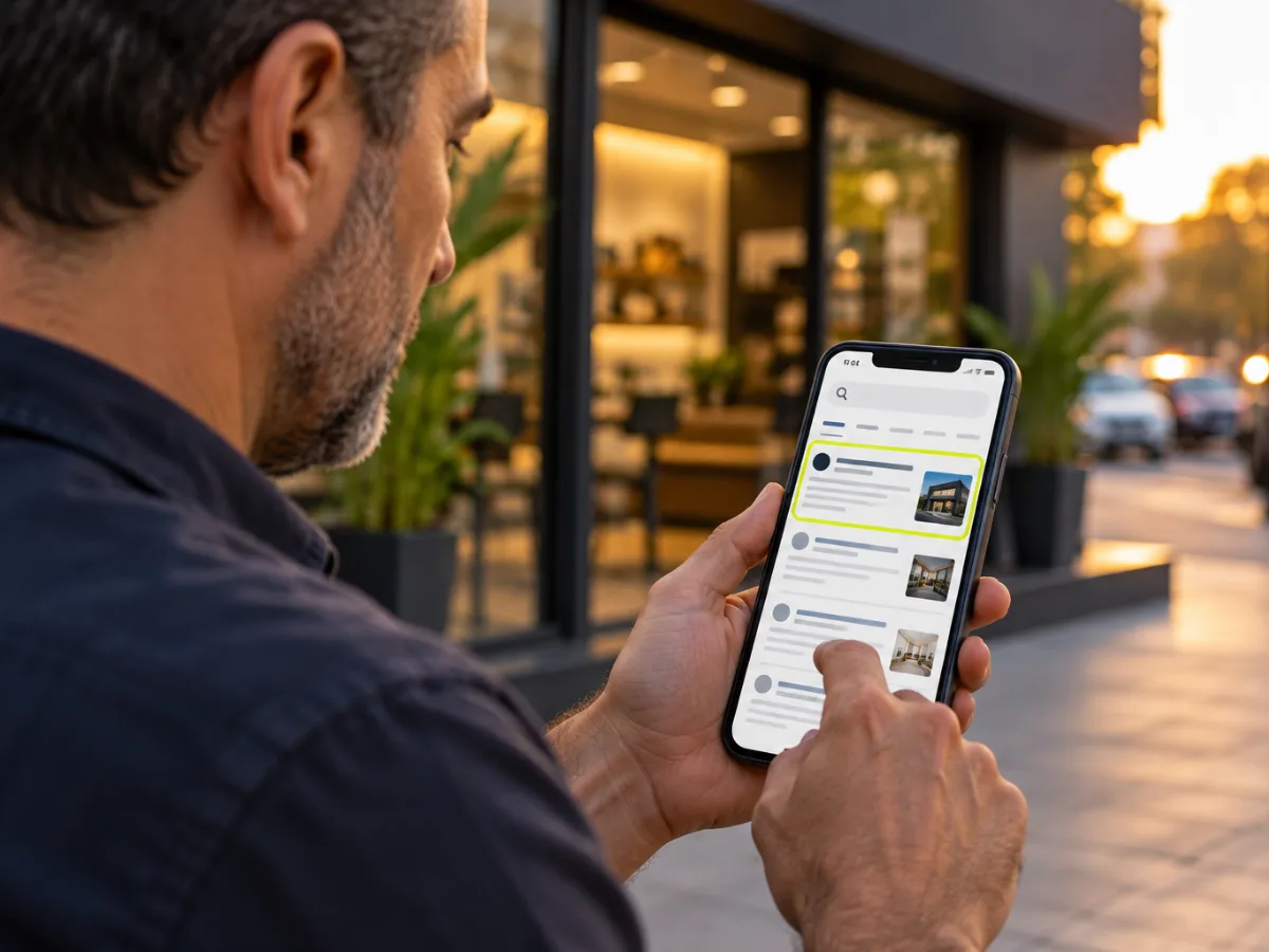 Dono de negócio na rua vendo no celular a empresa em primeiro lugar nos resultados de busca