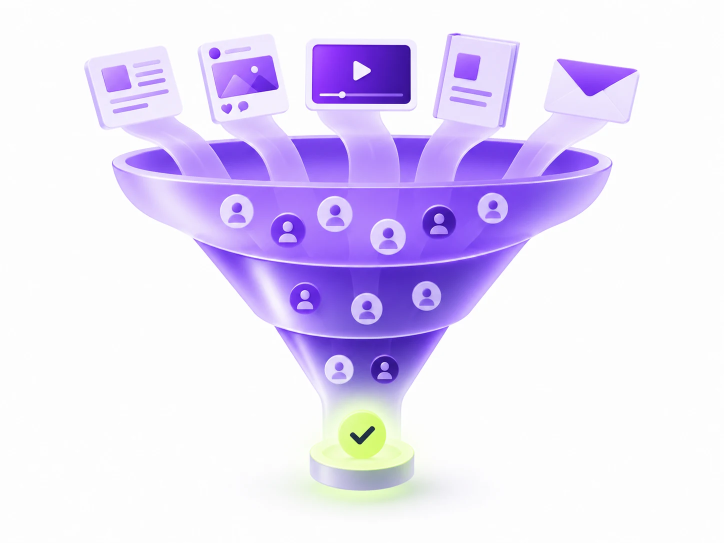 Funil roxo recebendo post, vídeo, e-book e e-mail no topo; as pessoas descem pelas etapas e saem no fundo com um check verde