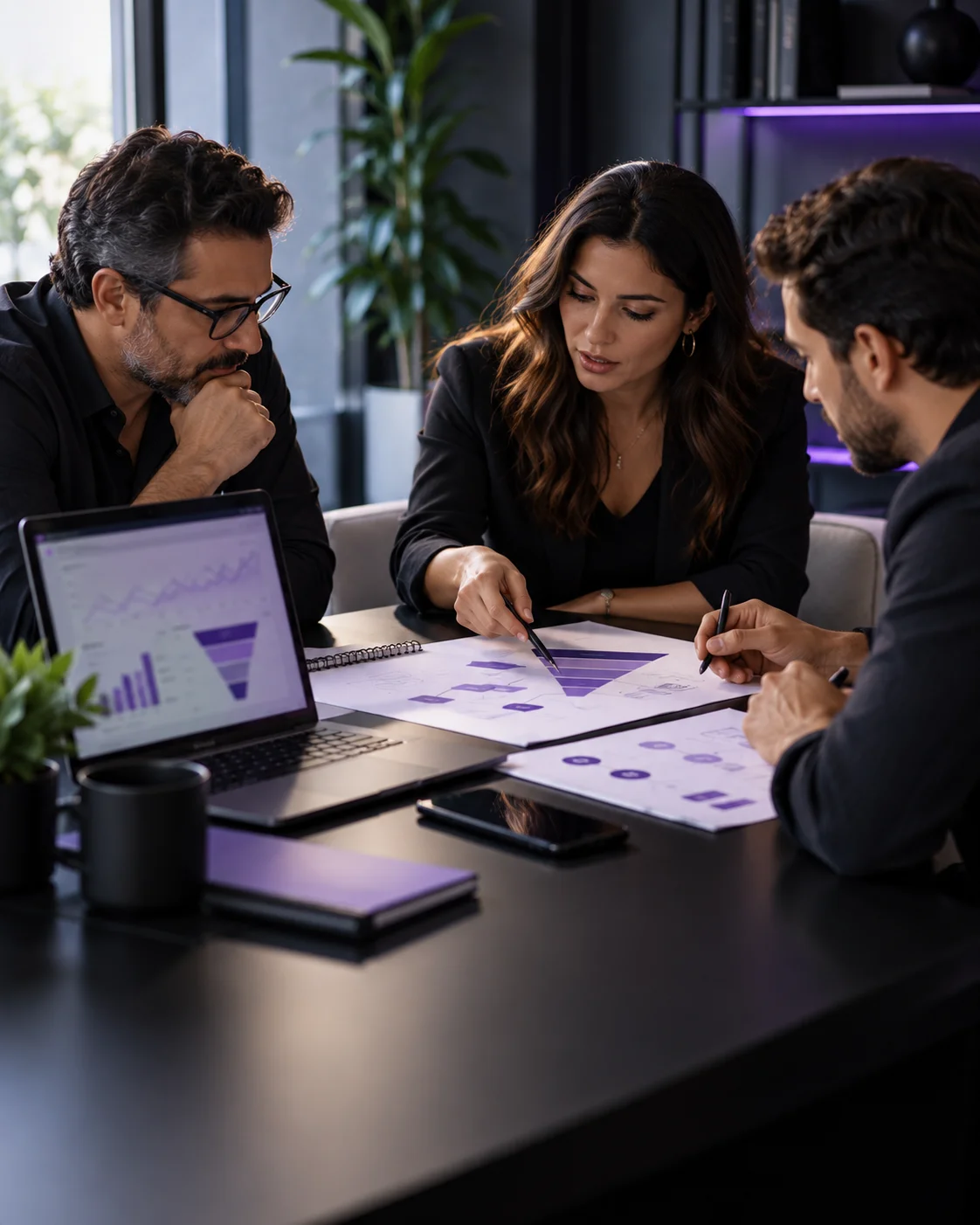 Três profissionais em reunião planejando um funil de vendas impresso, com notebook mostrando gráficos