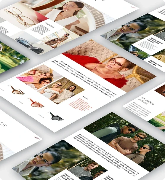 Telas do site da GO Eyewear em perspectiva: coleção de óculos, editoriais e páginas de produto