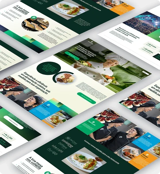 Telas do site da Nutrisaúde em perspectiva: alimentação coletiva, pratos e equipe de cozinha