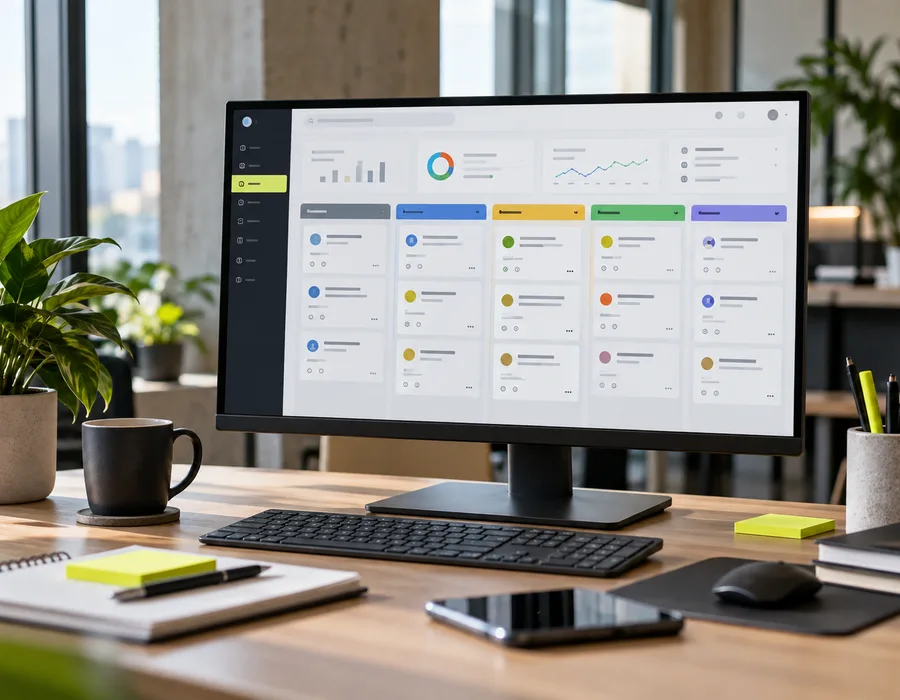 Monitor com o quadro do CRM: leads organizados em colunas por etapa do funil