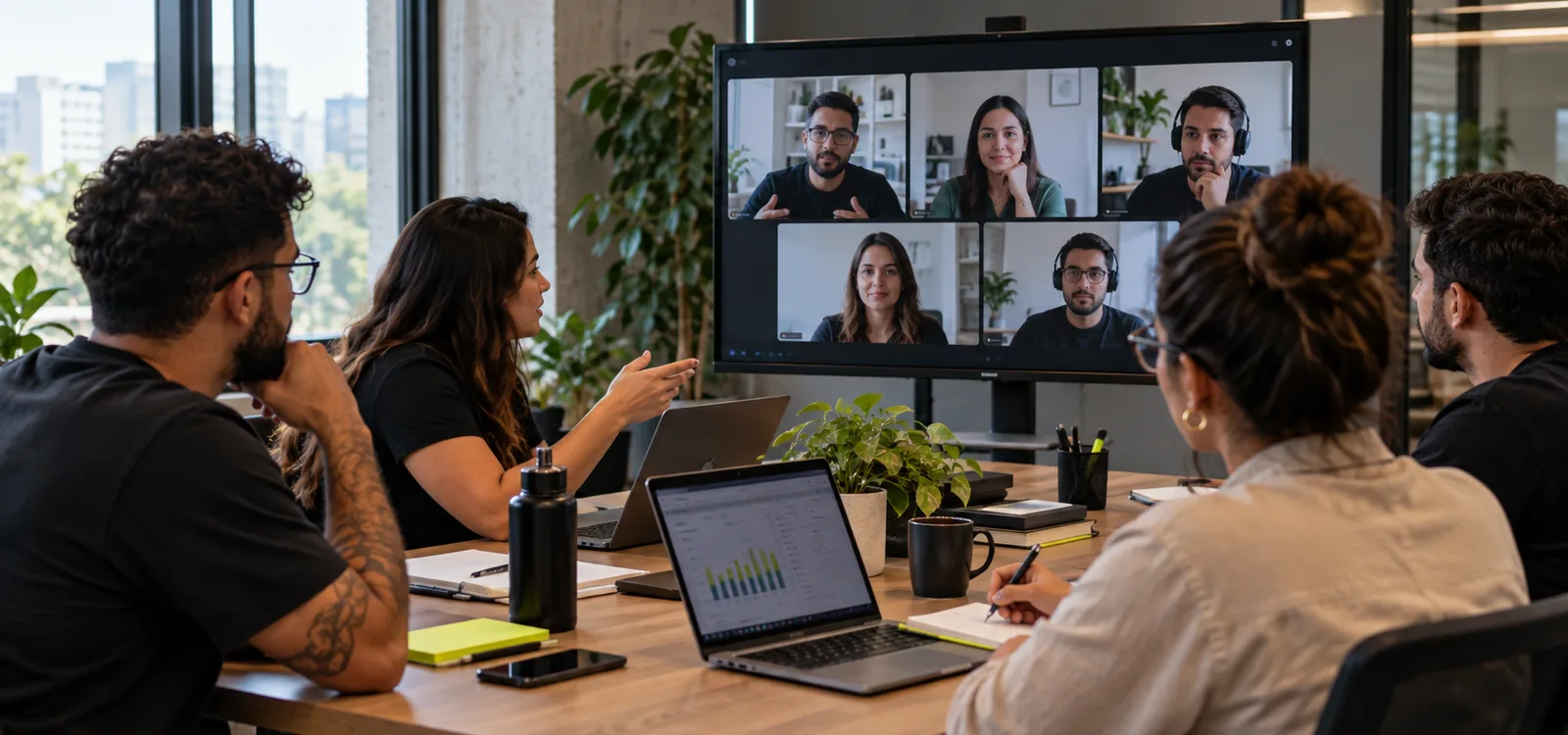 Equipe em reunião na sala, com parte do time por videochamada na tela e um gráfico de resultados aberto no notebook